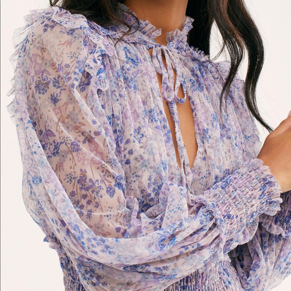 free people printed twyla sheer tie blouse lilac